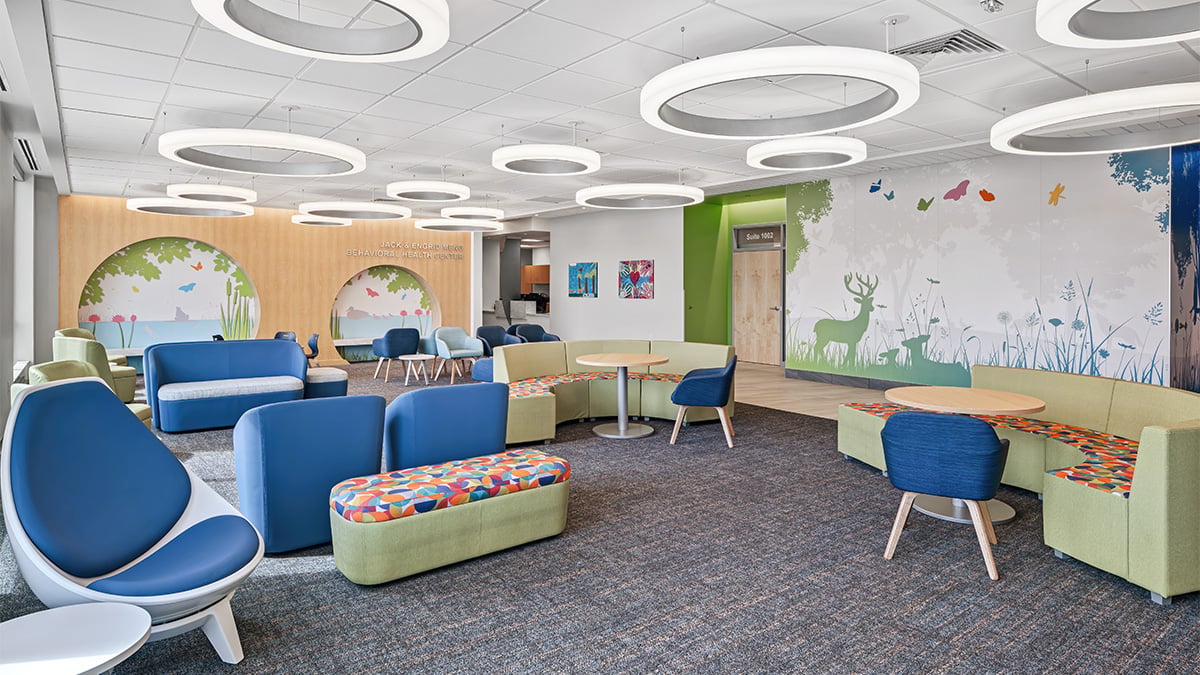 Waiting Area Featuring Calida Lounge Chairs, Sway Lounge Chair, Sonrisa Loveseat, Lounge Chair and Ottoman, MyPlace Lounge Seating and Athens Caf&eacute; Table