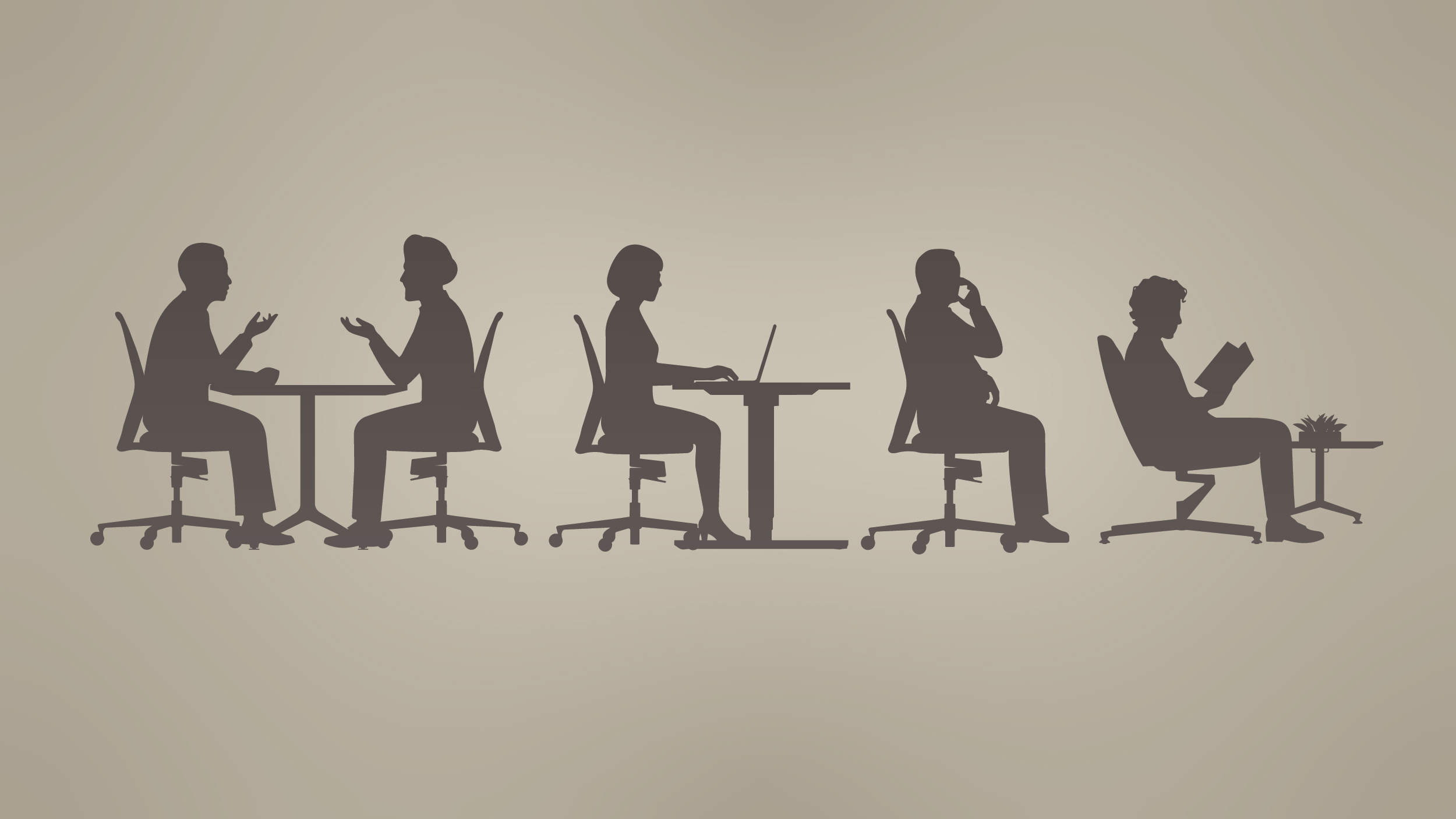 Silhouettes of people working, collaborating, recharging