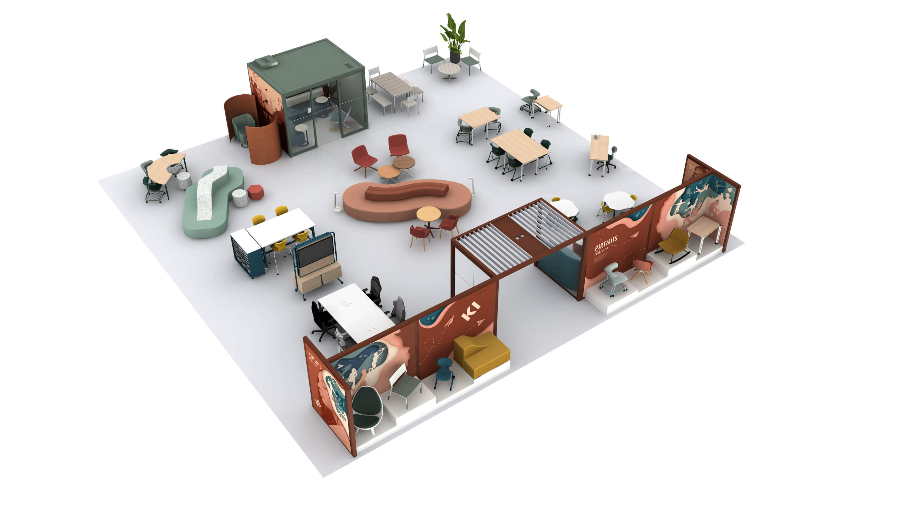 Isometric view of a KI exhibition booth featuring collaborative tables, lounge seating, private meeting pods, and display walls with colorful graphics in an open learning space layout.
