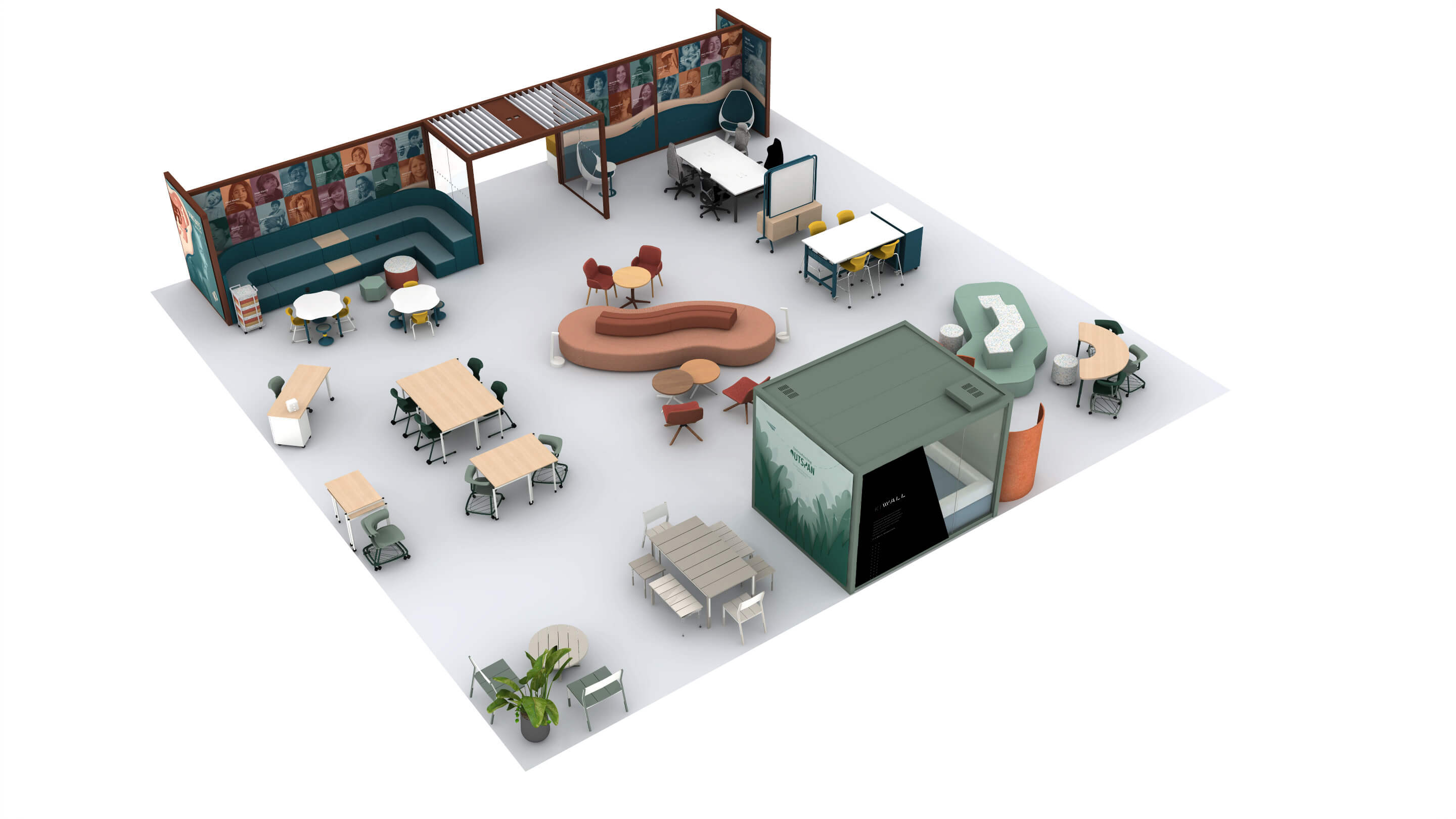 Alternate isometric view of the KI exhibition booth from a different angle, showing modular furniture arrangements, seating zones, and graphic walls designed for interactive learning environments.