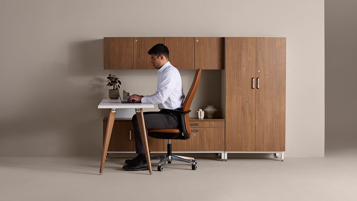 Person working in Private Office with Zentori Task and Conference Chair, Passel Storage, and Passel Return